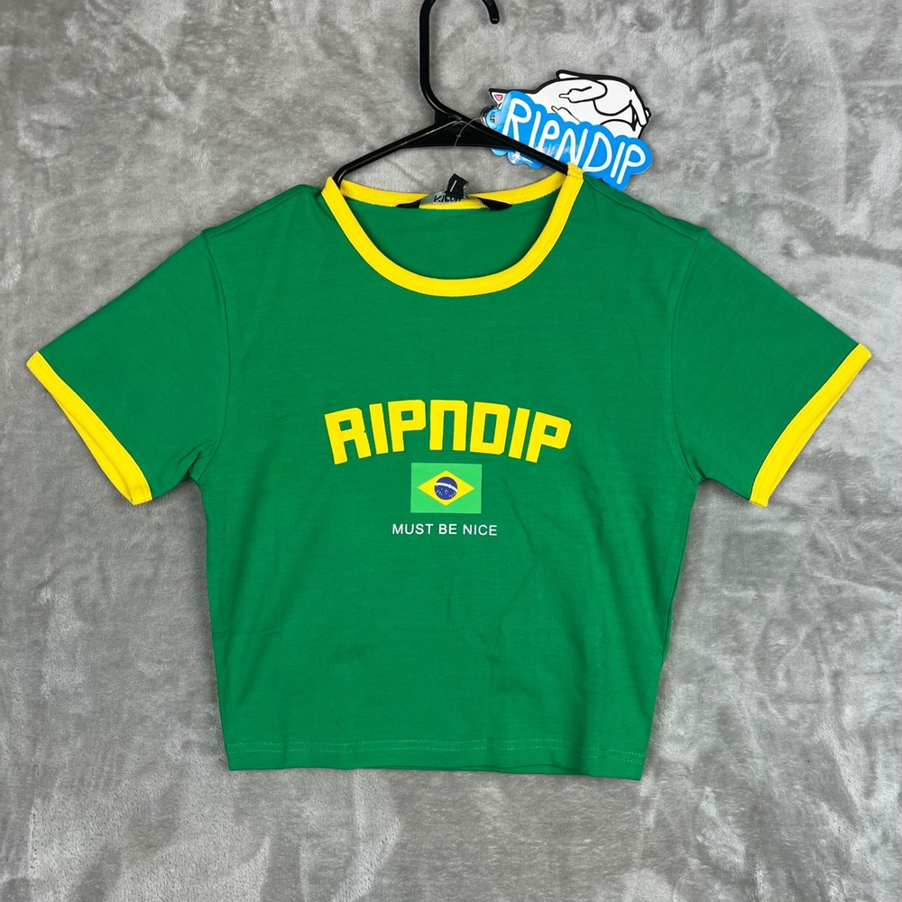RIPNDIP Brazil Crop Top Green Yellow Ringer Tee Shirt NWT Must Be‎ Nice